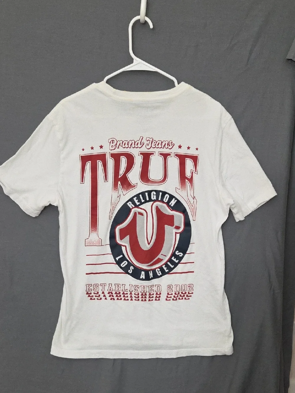 True Religion White Tee with Red‎ and Navy Graphic Logo